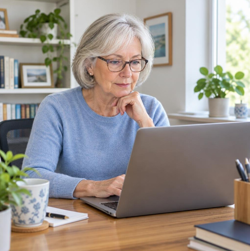 Older woman reading an email on a laptop at a desk