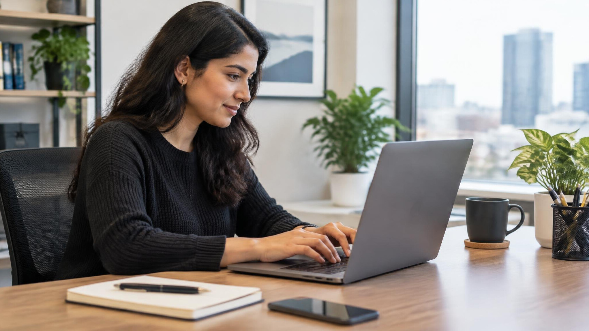 woman using laptop in office
